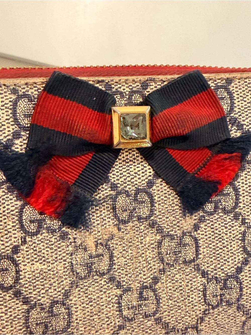 Gucci Beige Canvas Monogram Wallet with Navy and Red Bow